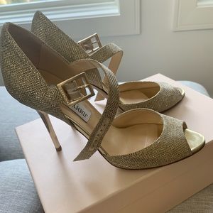 Jimmy Choo Articolo Lame Glitter Gold Heeled Sandal w/ Buckle Sz 7